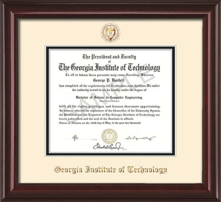 Image of Georgia Tech Diploma Frame - Mahogany Lacquer - w/Embossed Seal & Name - Cream on Black mat