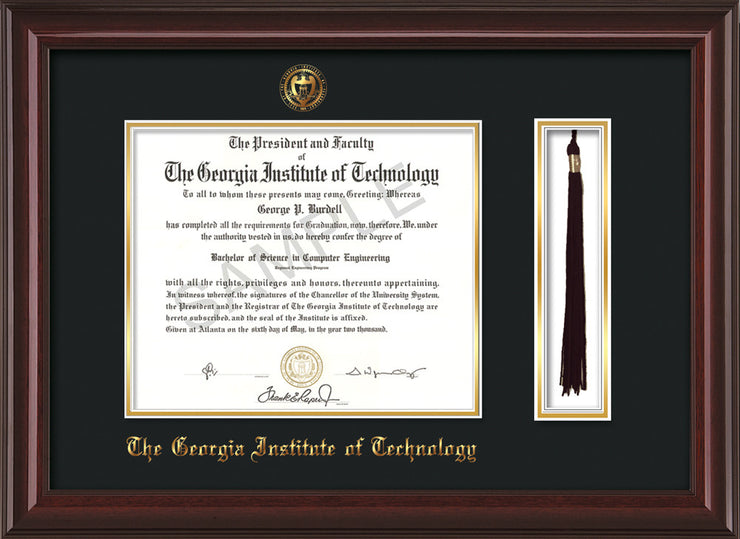 Image of Georgia Tech Diploma Frame - Mahogany Lacquer - w/Embossed Seal & Name - Tassel Holder - Black on Gold Mat
