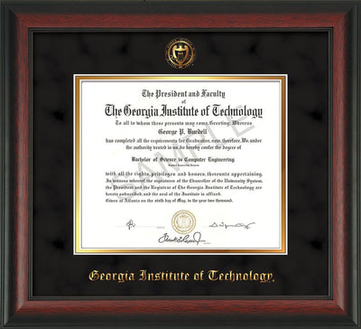 Image of Georgia Tech Diploma Frame - Rosewood - w/Embossed Seal & Name - Black Suede on Gold mat