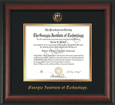 Image of Georgia Tech Diploma Frame - Rosewood - w/Embossed Seal & Name - Black on Gold mat