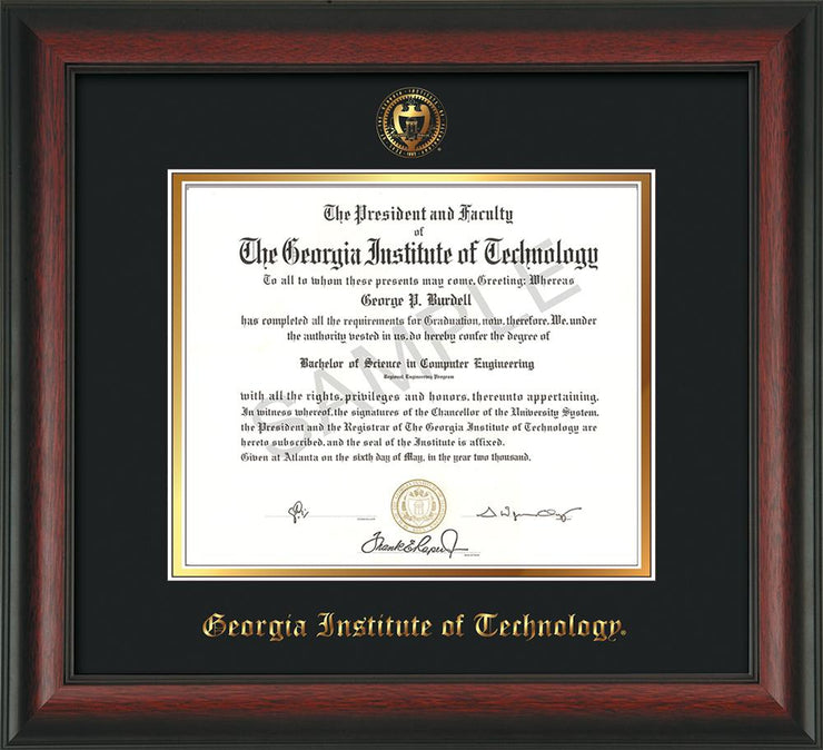 Image of Georgia Tech Diploma Frame - Rosewood - w/Embossed Seal & Name - Black on Gold mat