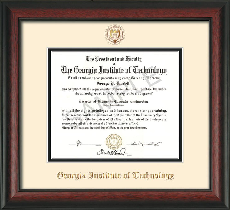 Image of Georgia Tech Diploma Frame - Rosewood - w/Embossed Seal & Name - Cream on Black mat