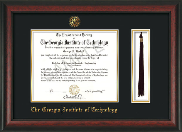 Image of Georgia Tech Diploma Frame - Rosewood - w/Embossed Seal & Name - Tassel Holder - Black on Gold Mat