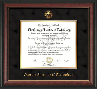 Image of Georgia Tech Diploma Frame - Rosewood w/Gold Lip - w/Embossed Seal & Name - Black Suede on Gold mat