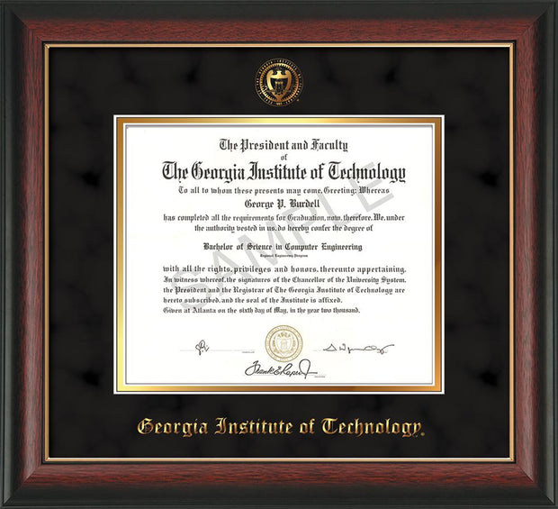 Image of Georgia Tech Diploma Frame - Rosewood w/Gold Lip - w/Embossed Seal & Name - Black Suede on Gold mat