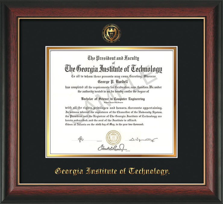 Image of Georgia Tech Diploma Frame - Rosewood w/Gold Lip - w/Embossed Seal & Name - Black on Gold mat