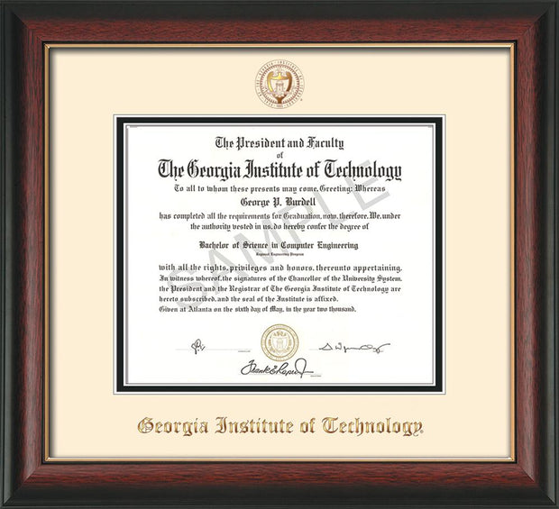 Image of Georgia Tech Diploma Frame - Rosewood w/Gold Lip - w/Embossed Seal & Name - Cream on Black mat