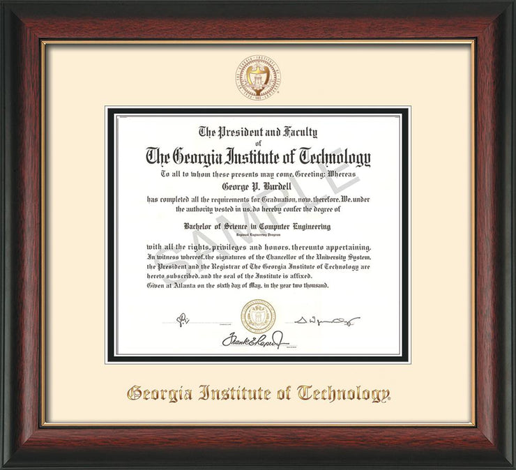 Image of Georgia Tech Diploma Frame - Rosewood w/Gold Lip - w/Embossed Seal & Name - Cream on Black mat