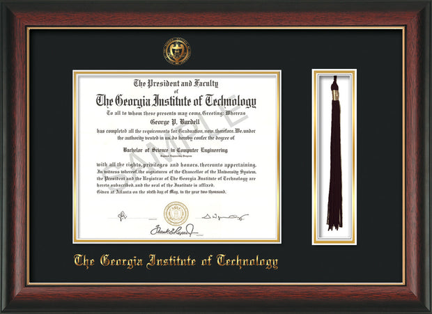 Image of Georgia Tech Diploma Frame - Rosewood w/Gold Lip - w/Embossed Seal & Name - Tassel Holder - Black on Gold Mat