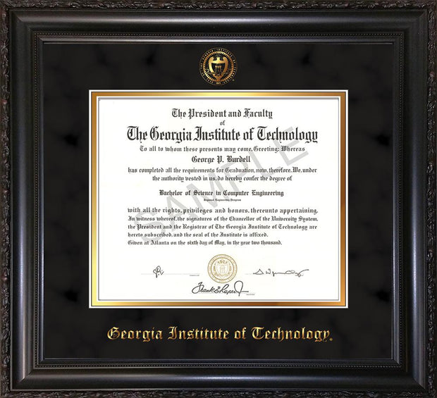 Image of Georgia Tech Diploma Frame - Vintage Black Scoop - w/Embossed Seal & Name - Black Suede on Gold mat