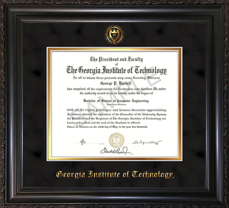 Image of Georgia Tech Diploma Frame - Vintage Black Scoop - w/Embossed Seal & Name - Black Suede on Gold mat