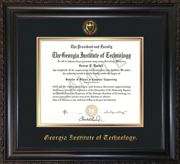 Image of Georgia Tech Diploma Frame - Vintage Black Scoop - w/Embossed Seal & Name - Black on Gold mat