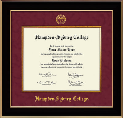 Image of Hampden-Sydney College Diploma Frame - Black Lacquer - w/Embossed HSC Seal & Name - Fillet - Maroon Suede mat