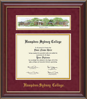 Image of Hampden-Sydney College Diploma Frame - Cherry Lacquer - w/Embossed HSC Seal & Name - Campus Collage - Maroon Suede on Gold mat