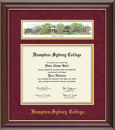 Image of Hampden-Sydney College Diploma Frame - Cherry Lacquer - w/Embossed HSC Seal & Name - Campus Collage - Maroon Suede on Gold mat