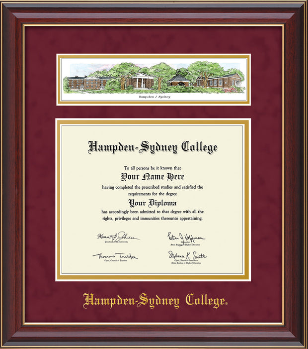 Image of Hampden-Sydney College Diploma Frame - Cherry Lacquer - w/Embossed HSC Seal & Name - Campus Collage - Maroon Suede on Gold mat