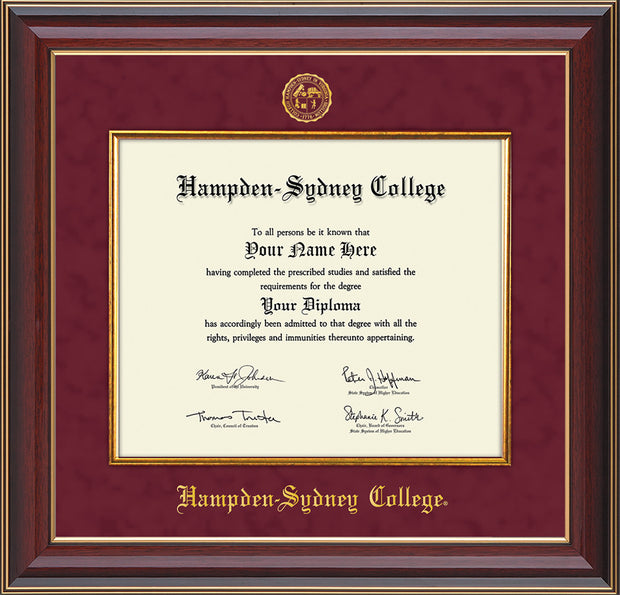 Image of Hampden-Sydney College Diploma Frame - Cherry Lacquer - w/Embossed HSC Seal & Name - Fillet - Maroon Suede mat