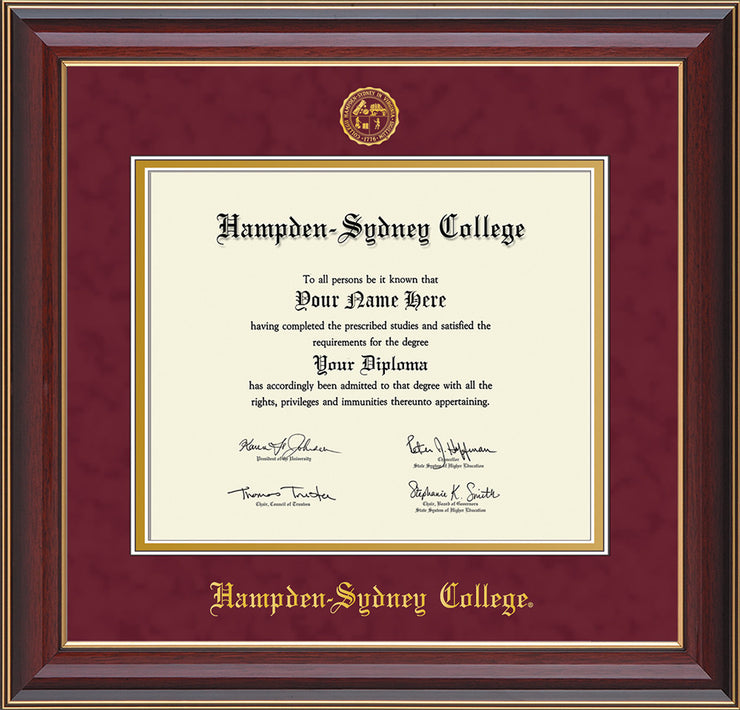 Image of Hampden-Sydney College Diploma Frame - Cherry Lacquer - w/Embossed HSC Seal & Name - Maroon Suede on Gold mat