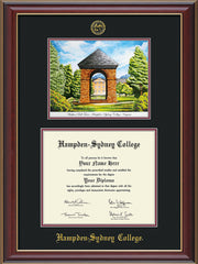 Image of Hampden-Sydney College Diploma Frame - Cherry Lacquer - w/Embossed HSC Seal & Name - Watercolor - Black on Maroon mat