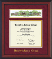 Image of Hampden-Sydney College Diploma Frame - Cherry Reverse - w/Embossed HSC Seal & Name - Campus Collage - Maroon Suede on Gold mat