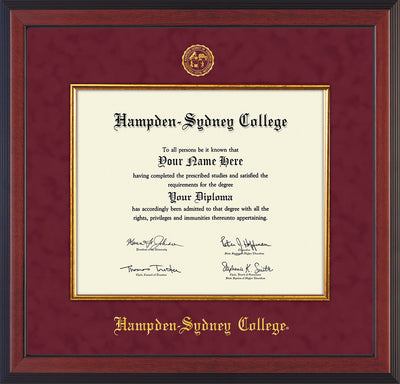 Image of Hampden-Sydney College Diploma Frame - Cherry Reverse - w/Embossed HSC Seal & Name - Fillet - Maroon Suede mat