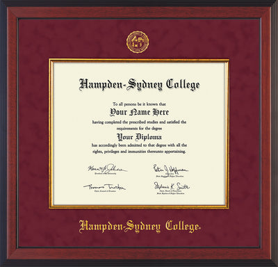 Image of Hampden-Sydney College Diploma Frame - Cherry Reverse - w/Embossed HSC Seal & Name - Fillet - Maroon Suede mat