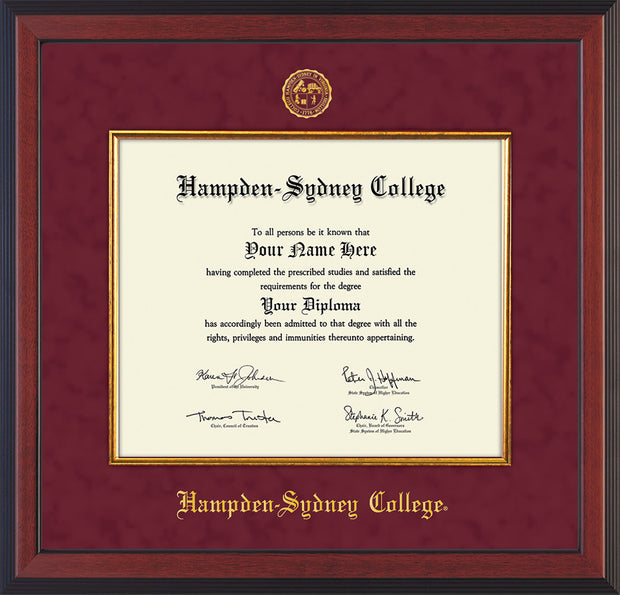 Image of Hampden-Sydney College Diploma Frame - Cherry Reverse - w/Embossed HSC Seal & Name - Fillet - Maroon Suede mat