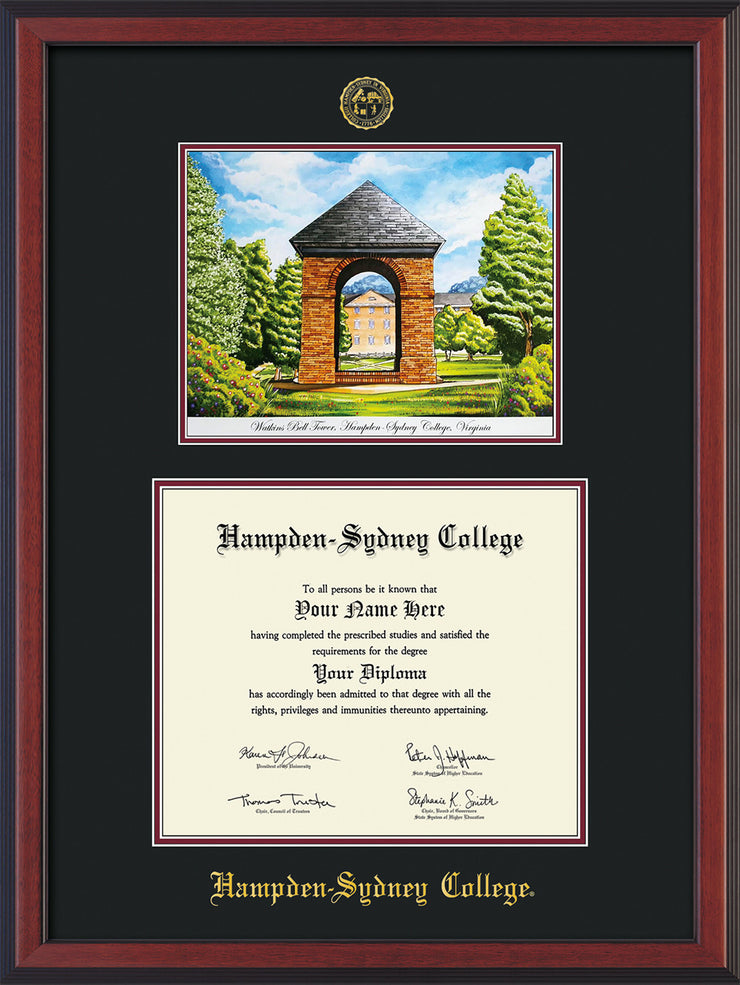 Image of Hampden-Sydney College Diploma Frame - Cherry Reverse - w/Embossed HSC Seal & Name - Watercolor - Black on Maroon mat