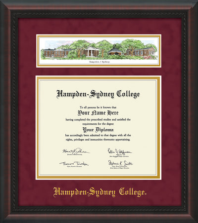 Image of Hampden-Sydney College Diploma Frame - Mahogany Braid - w/Embossed HSC Seal & Name - Campus Collage - Maroon Suede on Gold mat
