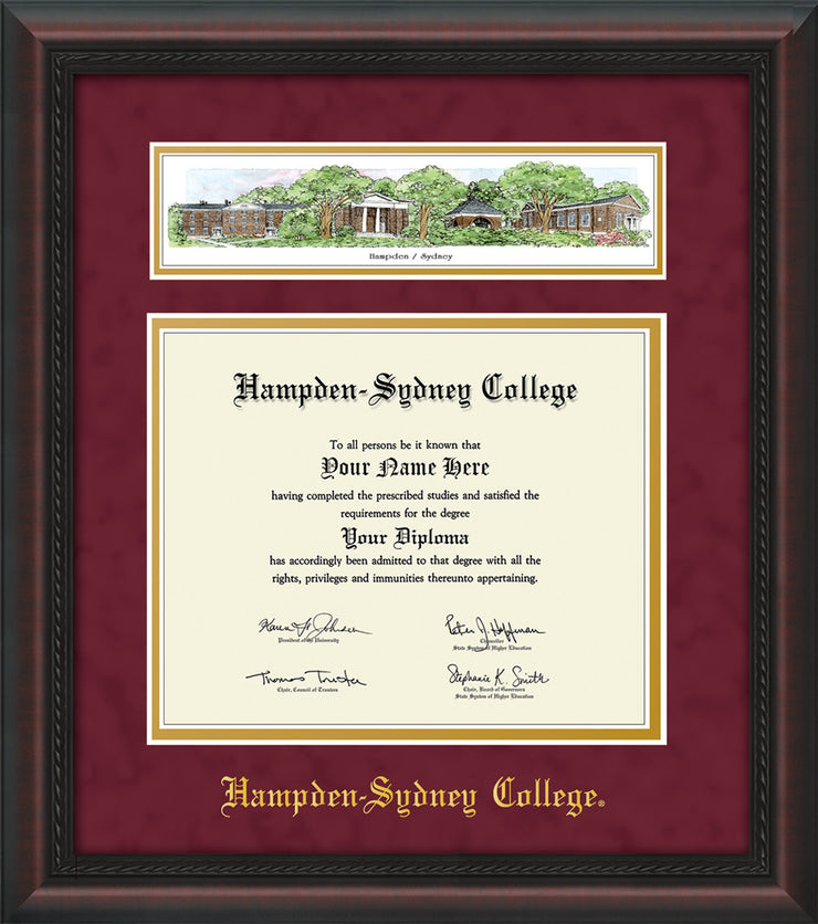 Image of Hampden-Sydney College Diploma Frame - Mahogany Braid - w/Embossed HSC Seal & Name - Campus Collage - Maroon Suede on Gold mat