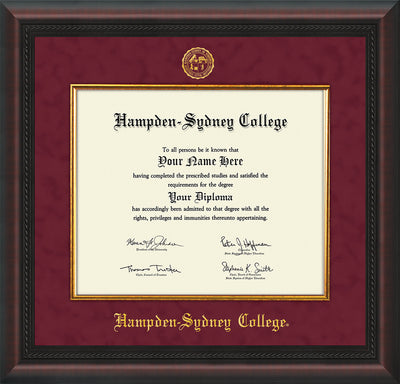 Image of Hampden-Sydney College Diploma Frame - Mahogany Braid - w/Embossed HSC Seal & Name - Fillet - Maroon Suede mat