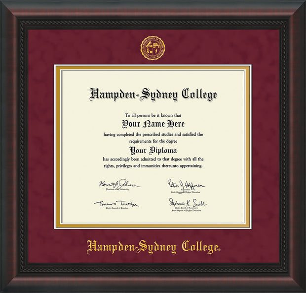 Image of Hampden-Sydney College Diploma Frame - Mahogany Braid - w/Embossed HSC Seal & Name - Maroon Suede on Gold mat