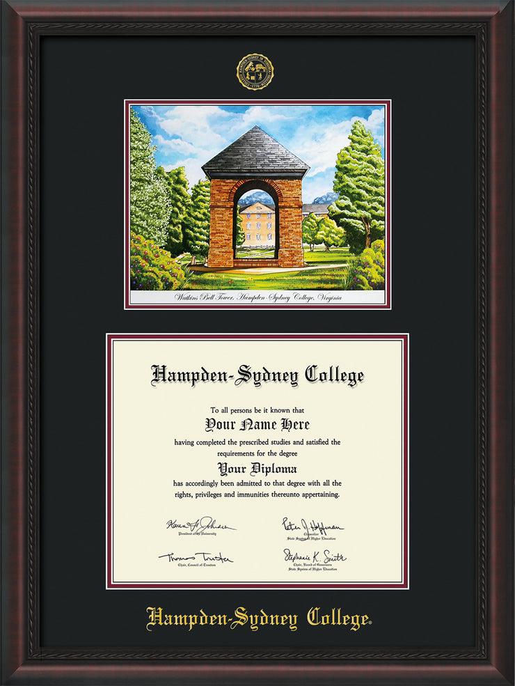 Image of Hampden-Sydney College Diploma Frame - Mahogany Braid - w/Embossed HSC Seal & Name - Watercolor - Black on Maroon mat