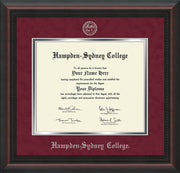 Image of Hampden-Sydney College Diploma Frame - Mahogany Braid - w/Embossed HSC Seal & Name - Maroon Suede on Silver mat