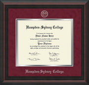 Image of Hampden-Sydney College Diploma Frame - Mahogany Braid - w/Embossed HSC Seal & Name - Maroon Suede on Silver mat
