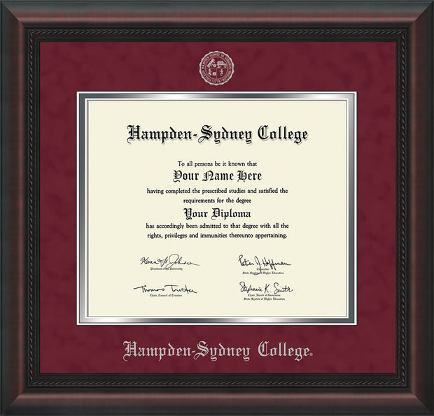 Image of Hampden-Sydney College Diploma Frame - Mahogany Braid - w/Embossed HSC Seal & Name - Maroon Suede on Silver mat