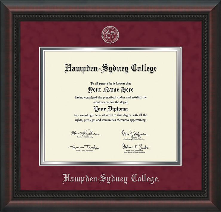 Image of Hampden-Sydney College Diploma Frame - Mahogany Braid - w/Embossed HSC Seal & Name - Maroon Suede on Silver mat
