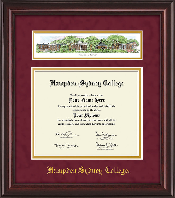Image of Hampden-Sydney College Diploma Frame - Mahogany Lacquer - w/Embossed HSC Seal & Name - Campus Collage - Maroon Suede on Gold mat