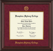 Image of Hampden-Sydney College Diploma Frame - Mahogany Lacquer - w/Embossed HSC Seal & Name - Fillet - Maroon Suede mat