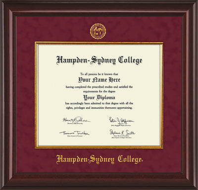 Image of Hampden-Sydney College Diploma Frame - Mahogany Lacquer - w/Embossed HSC Seal & Name - Fillet - Maroon Suede mat