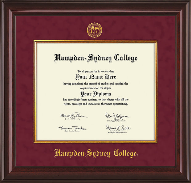 Image of Hampden-Sydney College Diploma Frame - Mahogany Lacquer - w/Embossed HSC Seal & Name - Fillet - Maroon Suede mat