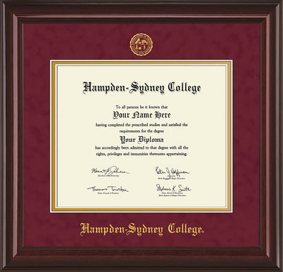 Image of Hampden-Sydney College Diploma Frame - Mahogany Lacquer - w/Embossed HSC Seal & Name - Maroon Suede on Gold mat