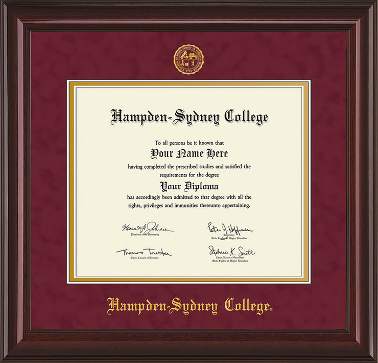 Image of Hampden-Sydney College Diploma Frame - Mahogany Lacquer - w/Embossed HSC Seal & Name - Maroon Suede on Gold mat