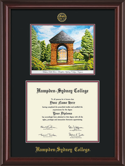 Image of Hampden-Sydney College Diploma Frame - Mahogany Lacquer - w/Embossed HSC Seal & Name - Watercolor - Black on Maroon mat