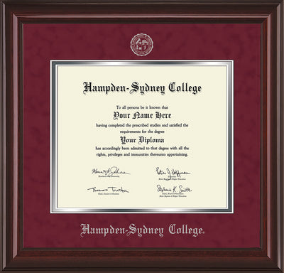 Image of Hampden-Sydney College Diploma Frame - Mahogany Lacquer - w/Embossed HSC Seal & Name - Maroon Suede on Silver mat
