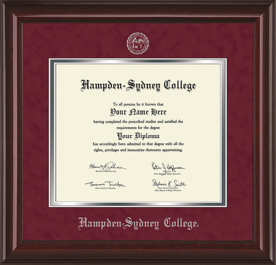 Image of Hampden-Sydney College Diploma Frame - Mahogany Lacquer - w/Embossed HSC Seal & Name - Maroon Suede on Silver mat