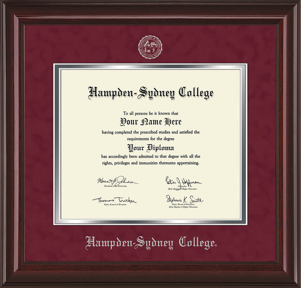 Image of Hampden-Sydney College Diploma Frame - Mahogany Lacquer - w/Embossed HSC Seal & Name - Maroon Suede on Silver mat