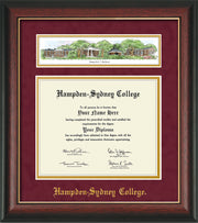 Image of Hampden-Sydney College Diploma Frame - Rosewood w/Gold Lip - w/Embossed HSC Seal & Name - Campus Collage - Maroon Suede on Gold mat