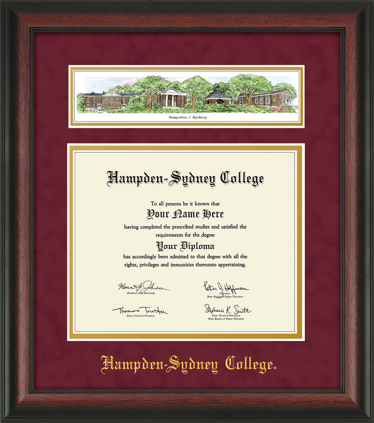 Image of Hampden-Sydney College Diploma Frame - Rosewood - w/Embossed HSC Seal & Name - Campus Collage - Maroon Suede on Gold mat