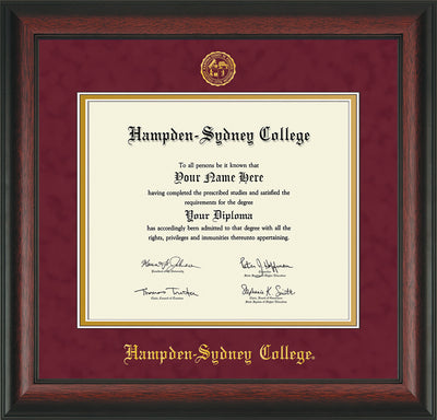 Image of Hampden-Sydney College Diploma Frame - Rosewood - w/Embossed HSC Seal & Name - Maroon Suede on Gold mat